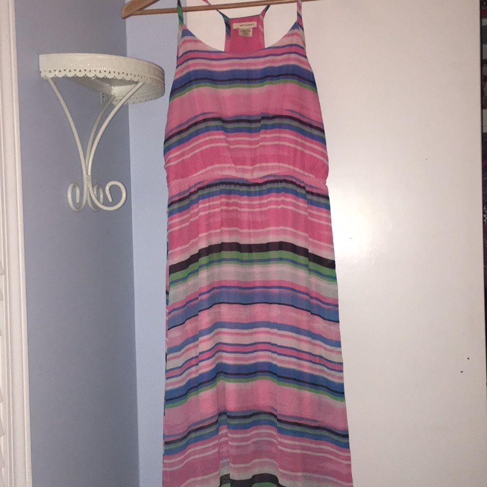 pink blue and green striped maxi dress